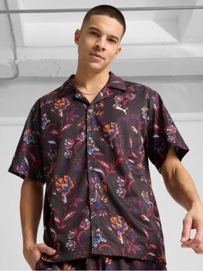 Puma Black Floral Short-Sleeve Button Shirt with Orange & Burgundy Print